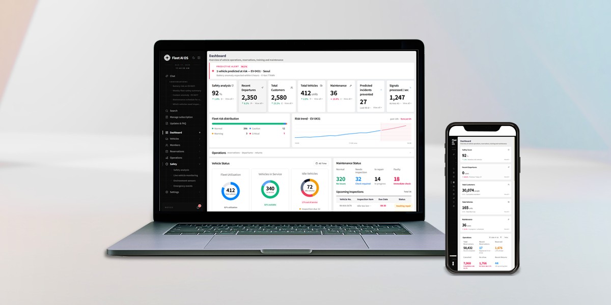 노트북과 휴대폰에 띄운 Fleet AI OS 관제 대시보드