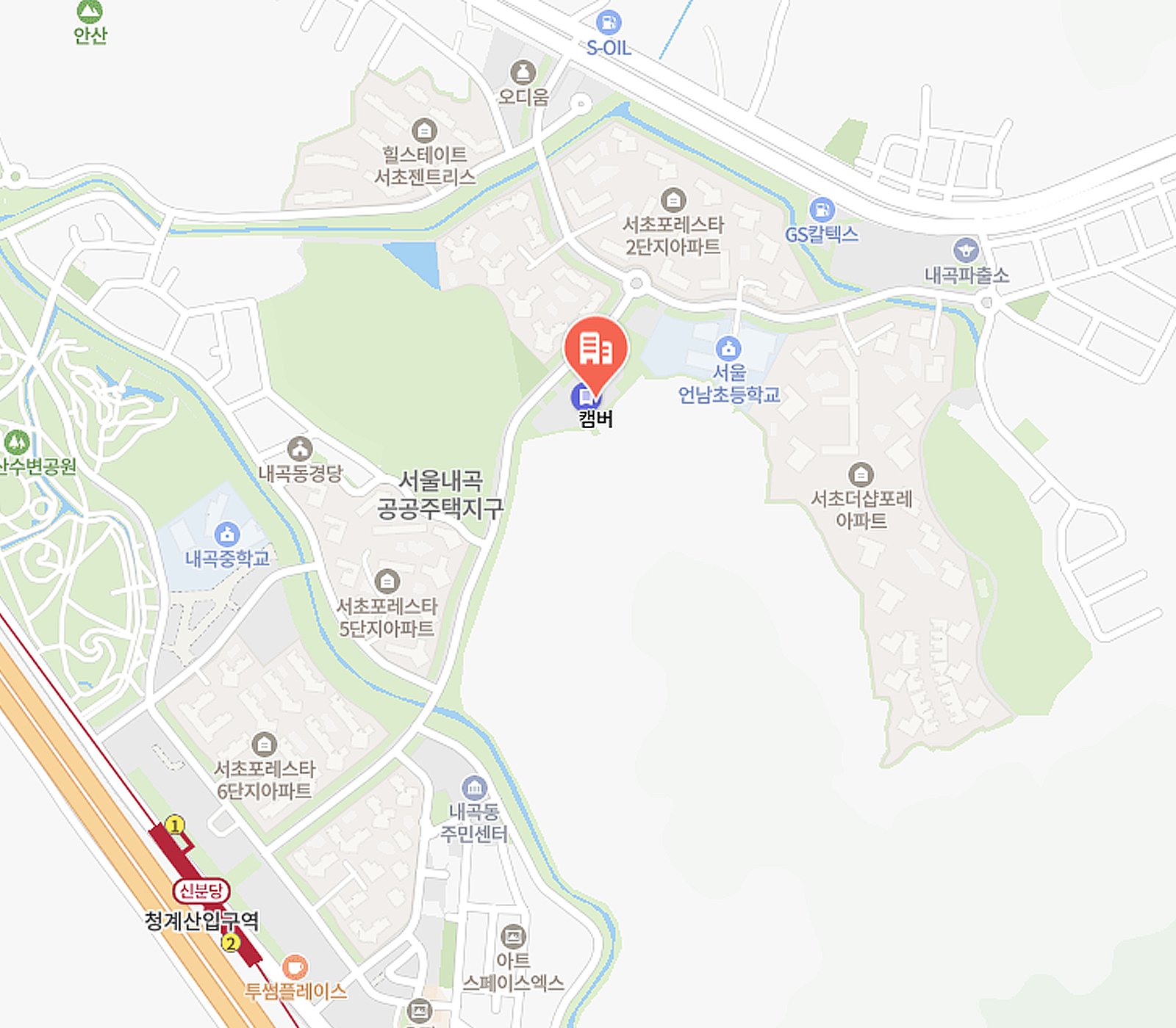 캠버 본사 위치 지도: 서울 서초구 청계산로9길 70, 청계산입구역 근처